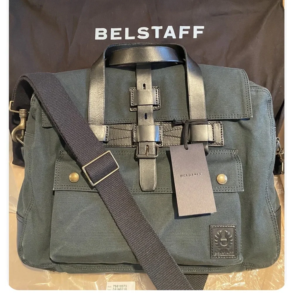 BELSTAFF Colonial Briefcase Soft-Black Canvas & Leather w/Dustbag - NWT
